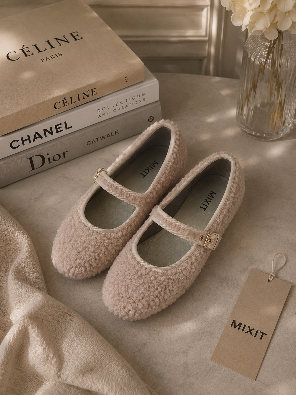 Mixit Plush Shearling Mary Jane Flats in Beige